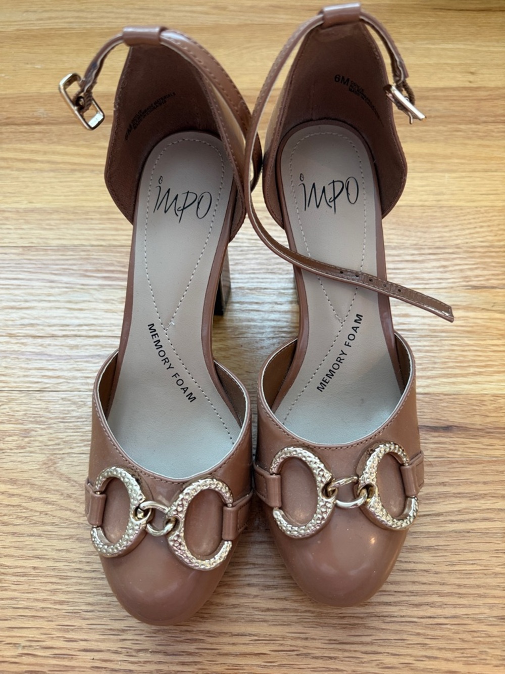 Impo Tan Ankle-Strap Heels with Gold Chain Detail